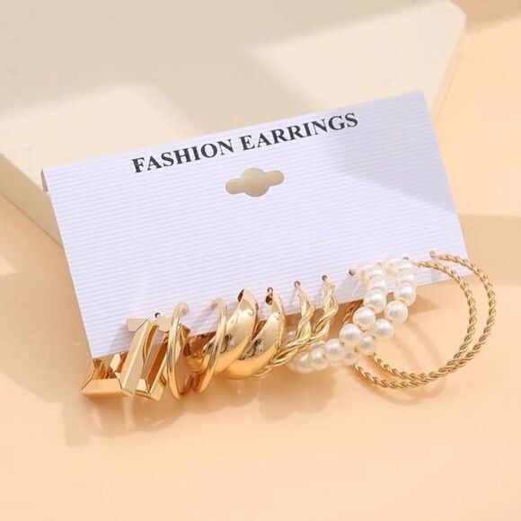 6pair Faux Pearl and Gold Tone Hoop Fashion Earrings - Picture 1 of 4